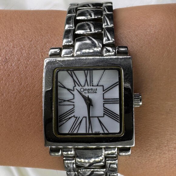 Caravelle by Bulova Tank Watch, Y2K Silver Tone Bracelet Watch - Picture 4 of 7